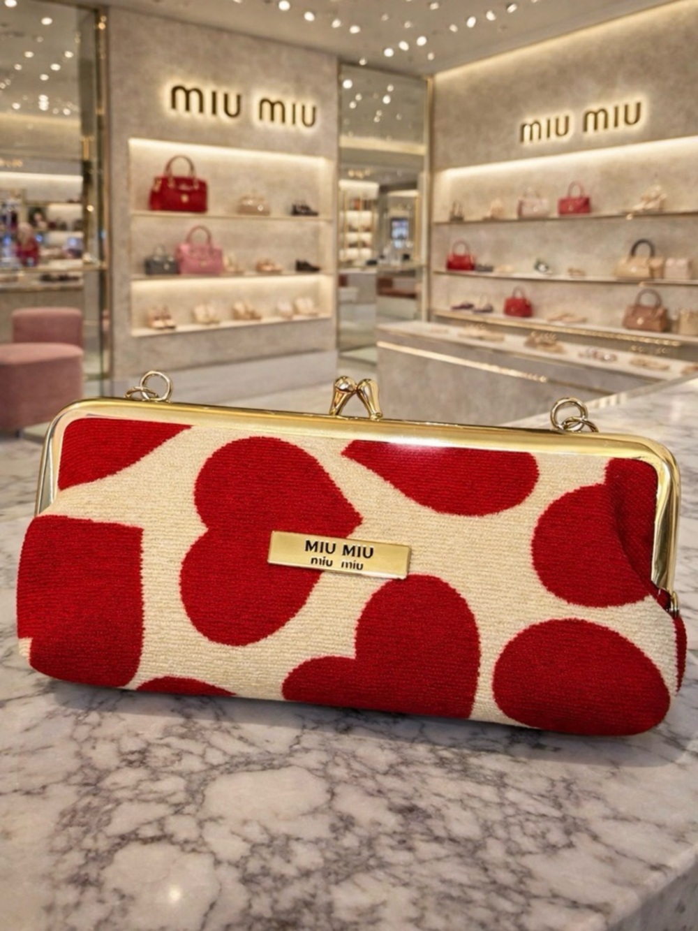 Miu Miu Cream Clutch with Red Heart Print and Gold Frame - Picture 12 of 13